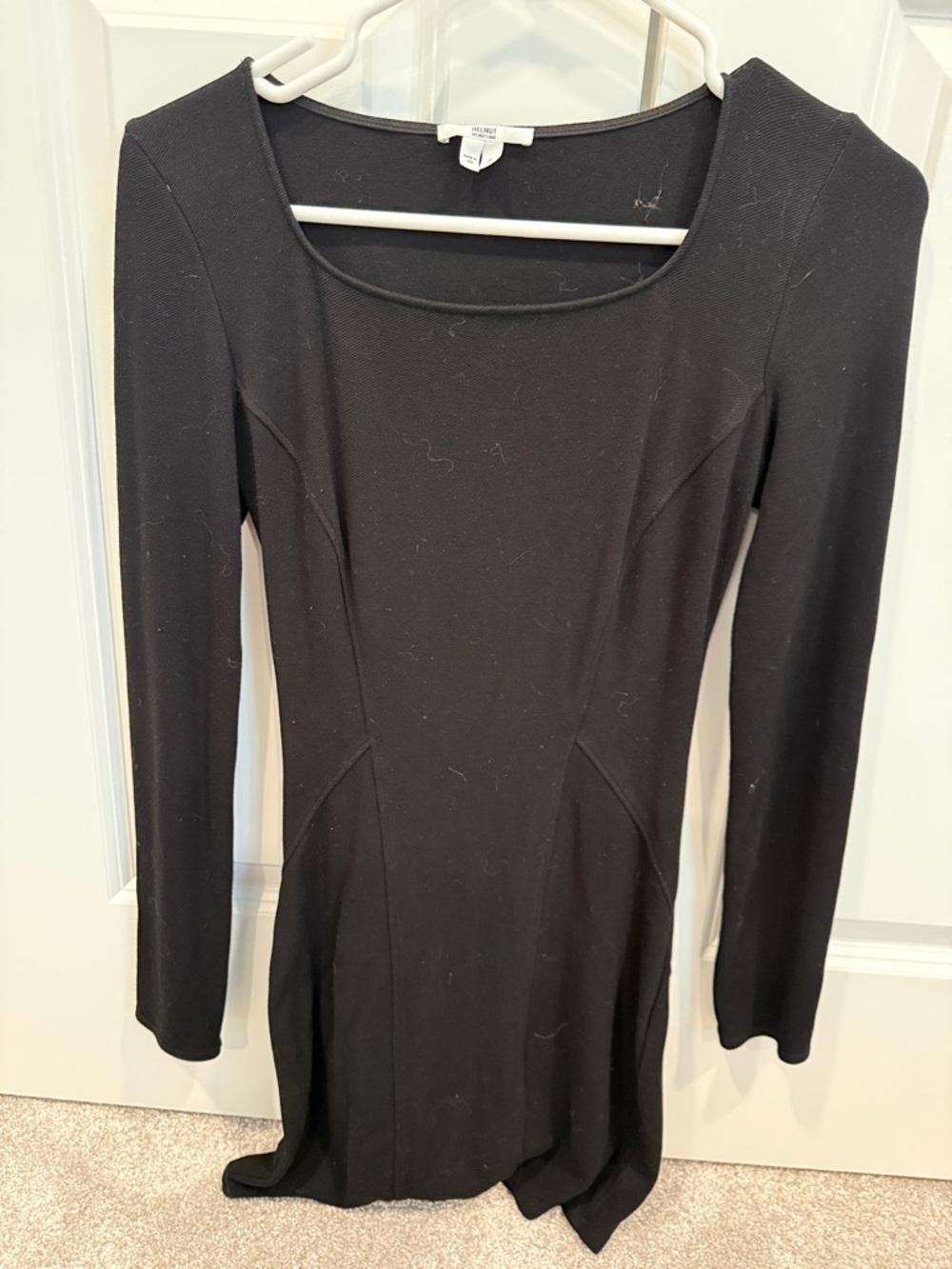 Black Long-Sleeve Women's Dress - Fitted Scoop Neck. Made by Helmut Lang